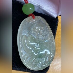 Carved Green Jade Pig Pendant Necklace on Adjustable Red Cord